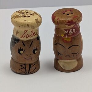 Vintage Wooden Mr Salt Mrs Pepper Shakers 2.5" Highly Distressed Made In Japan